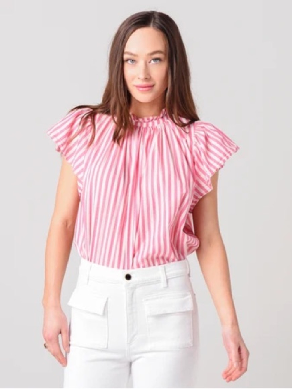 Trovata Birds of Paradis Carla ruffled high neck striped blouse